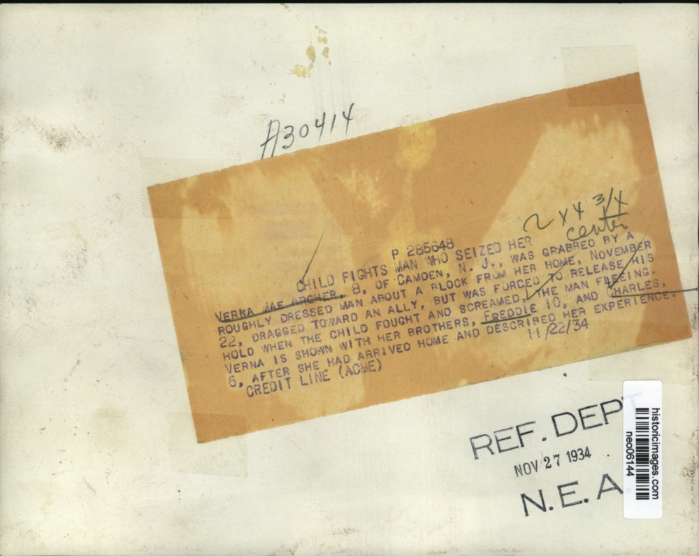 1934 Press Photo Verna Mae Archer, Child Who Fought Kidnapper & Brothers