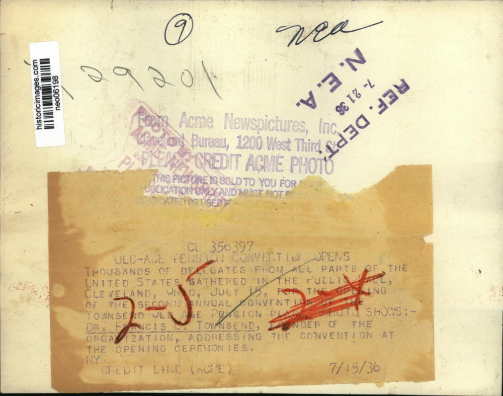 1936 Press Photo Dr. Francis L. Townsend at Old-Age Pension Convention Cleveland