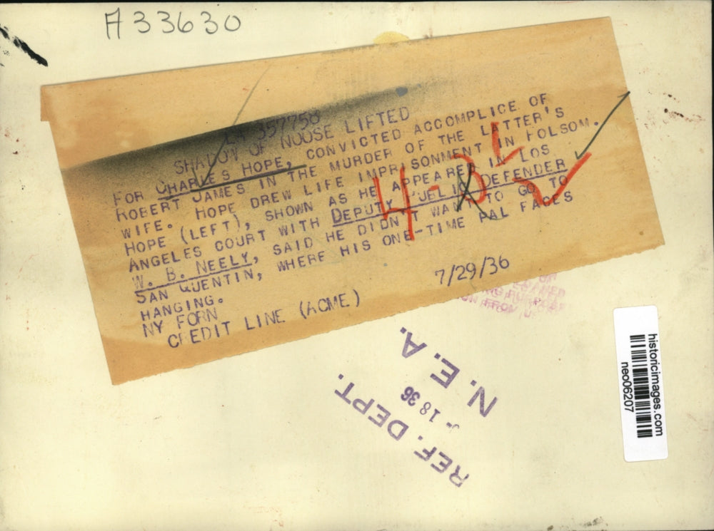 1936 Press Photo Charles Hope, convicted accomplice of murderer Robert James