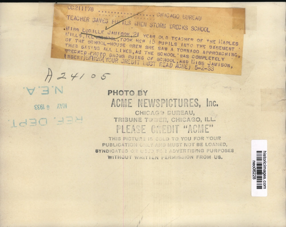 1933 Press Photo Lucille Jamison Naples Mill School Tornado damage - neo06228