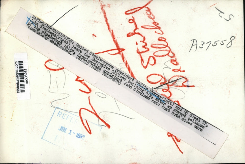 1959 Press Photo US Steelworkers Pres. Murray (L) & US Steel VP John Stephens