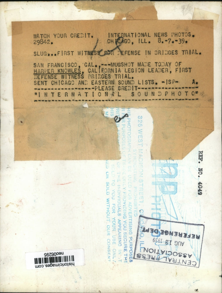 1939 Press Photo Harper Knowles First Witness Defense bridges trial CA Legion