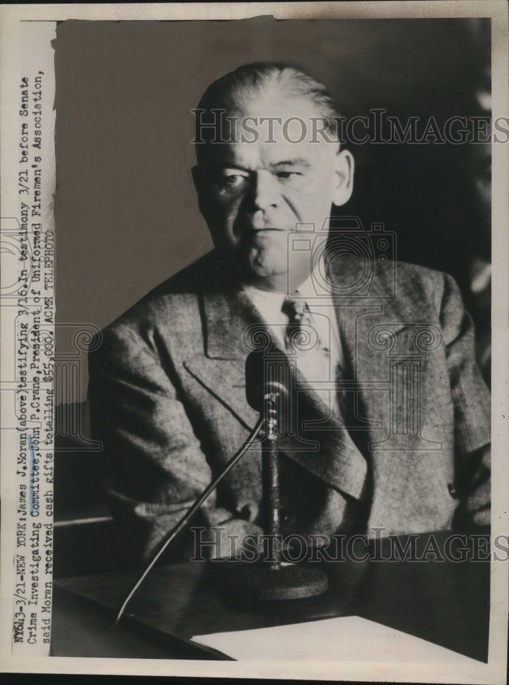 1951 Press Photo James J. Moran testifies before Senate Crime Investigation Comm