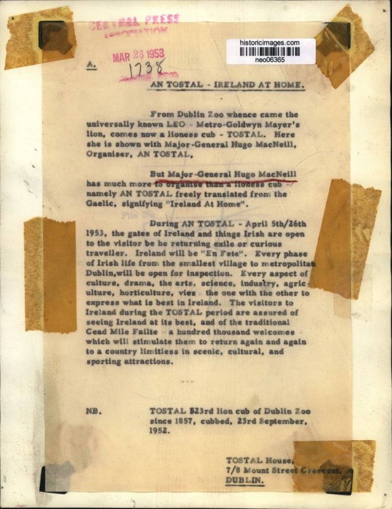 1953 Press Photo Major General Hugo MacNeil with Tostal, MGM's Lioness Cub