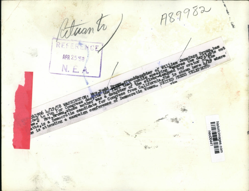 1958 Press Photo Mrs. Rudd Brown at Democratic Women's Campaign Conference