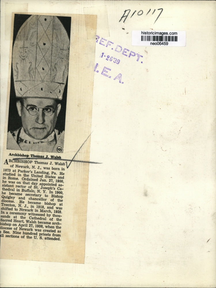 1939 Press Photo Archbishop Thomas J. Walsh of Newark, New Jersey - neo06459