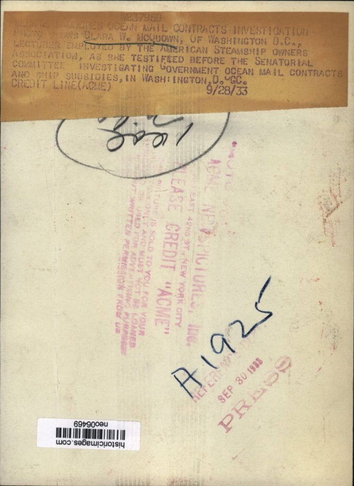 1933 Press Photo Clara W. McQuown at Senate Ocean Mail Contracts Investigation