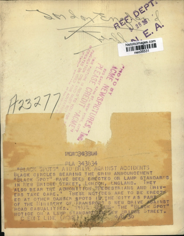 1936 Press Photo "Black Spot" Traffic Accident Signs, New Bridge Street, London