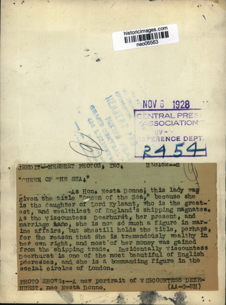 1928 Press Photo Viscountess Deerhurst nee Nesta Donne - neo06563