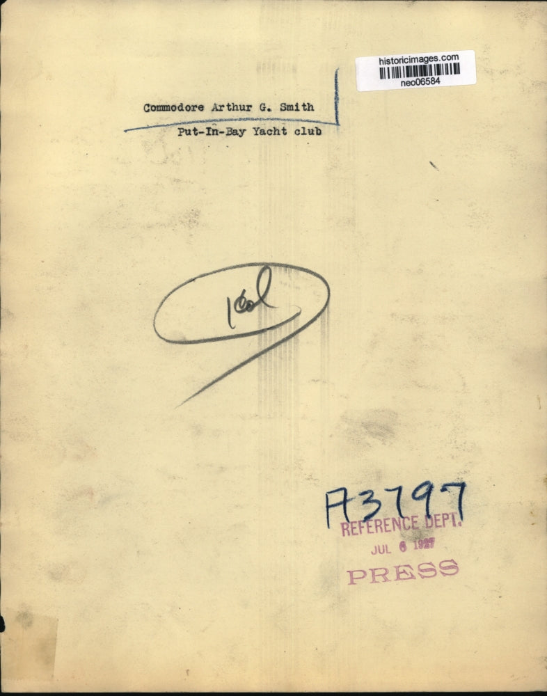 1927 Press Photo Commodore Arthur G. Smith of Put-in-Bay Yacht Club - neo06584