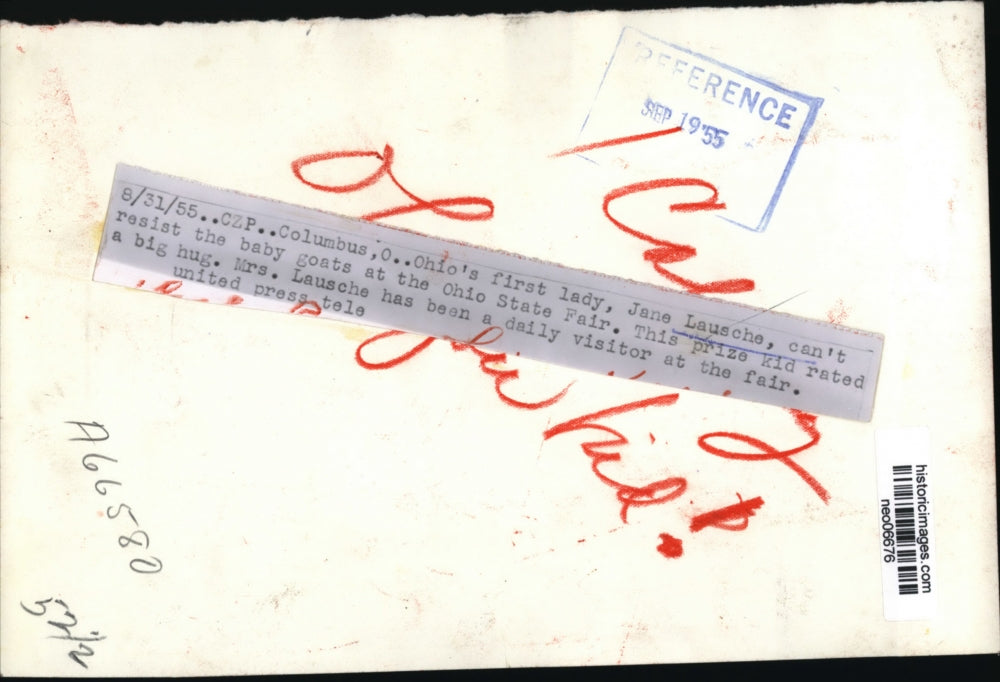 1955 Press Photo Jane Lausche with Baby Goat Kid at Ohio State Fair - neo06676