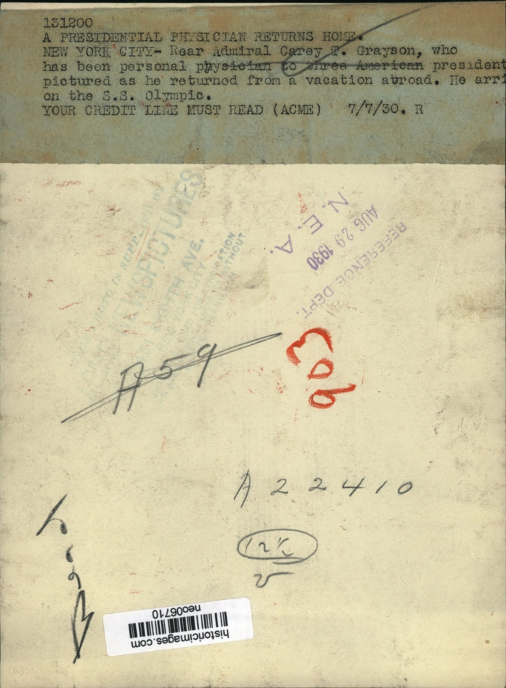 1930 Press Photo Rear admiral Carey T. Grayson in New York Aboard S.S. Olympic