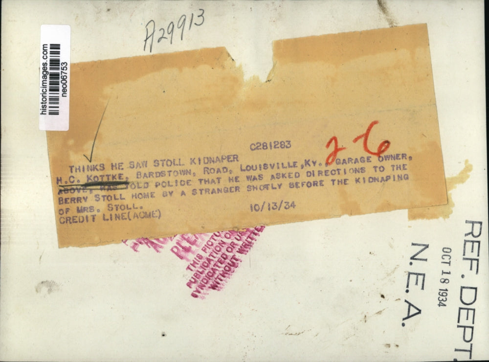 1934 Press Photo H.C. Kottke seen Berry Stolle Kidnapper of Mrs. Stoll in KY