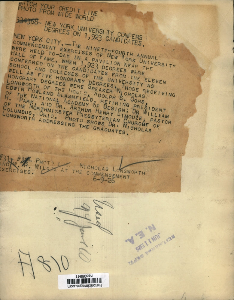 1926 Press Photo Nicholas Longwoth & W.R. Wilcox at commencement exercises NYU