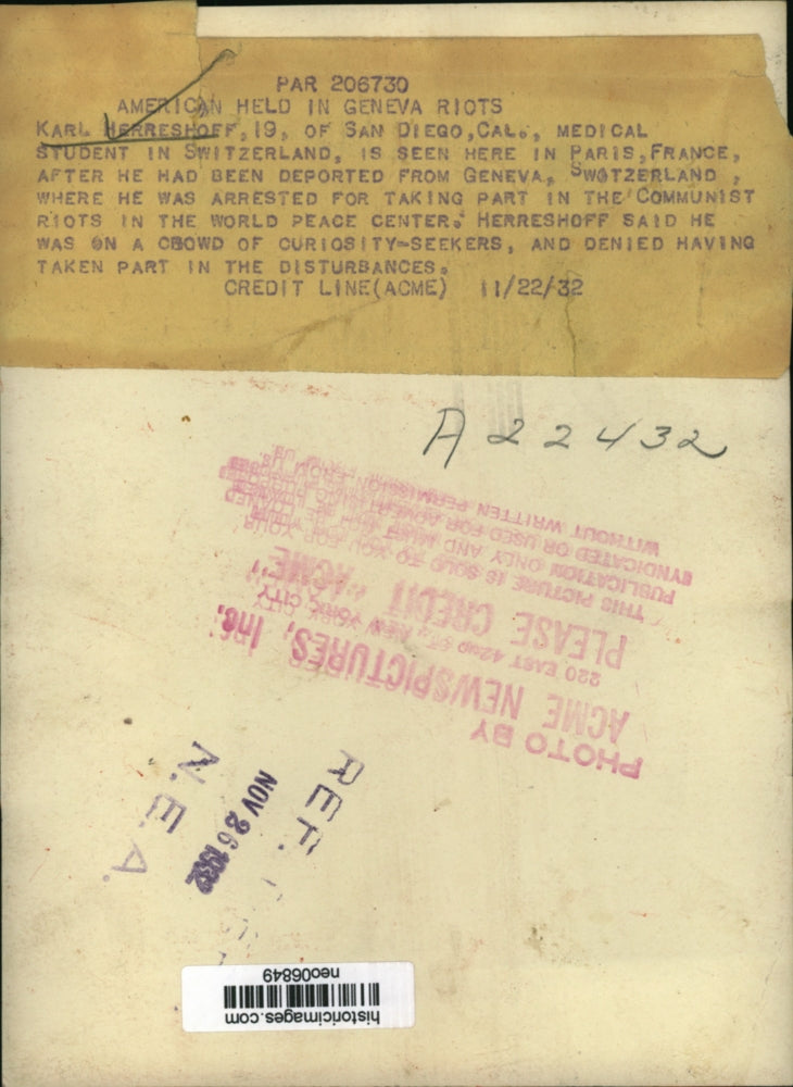 1932 Press Photo Karl Herreshoff held in Geneva Riots at World Peace Center