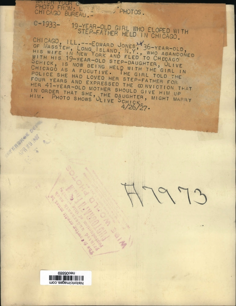 1927 Press Photo Edward Jones eloped with stepdaughter Olive Schick to Chicago