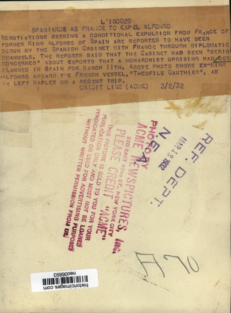 1932 Press Photo Ex-King Alfonso aboard French Vessel Thefile Gauthier