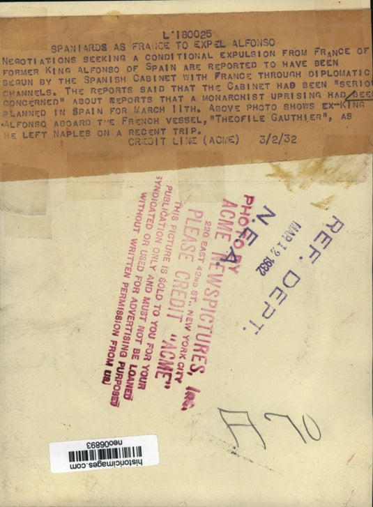 1932 Press Photo Ex-King Alfonso aboard French Vessel Thefile Gauthier