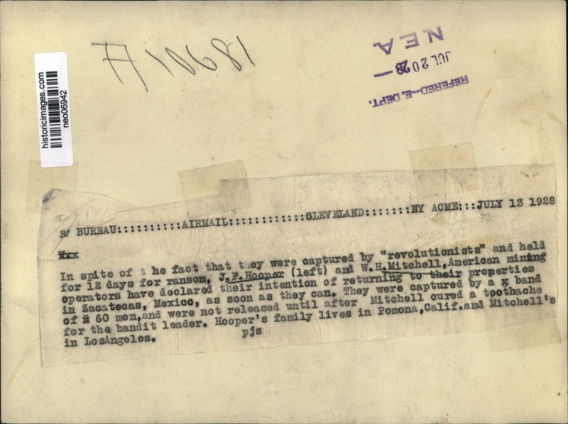 Load image into Gallery viewer, 1928 Press Photo J.F. Hooper &amp; W.H. Mitchell, Kidnapped in Zacatecas, Mexico
