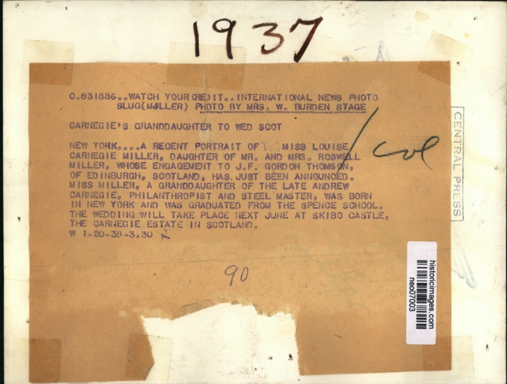 1938 Press Photo Louise Carnegie Miller, Fiancee of J.F. Gordon Thomson