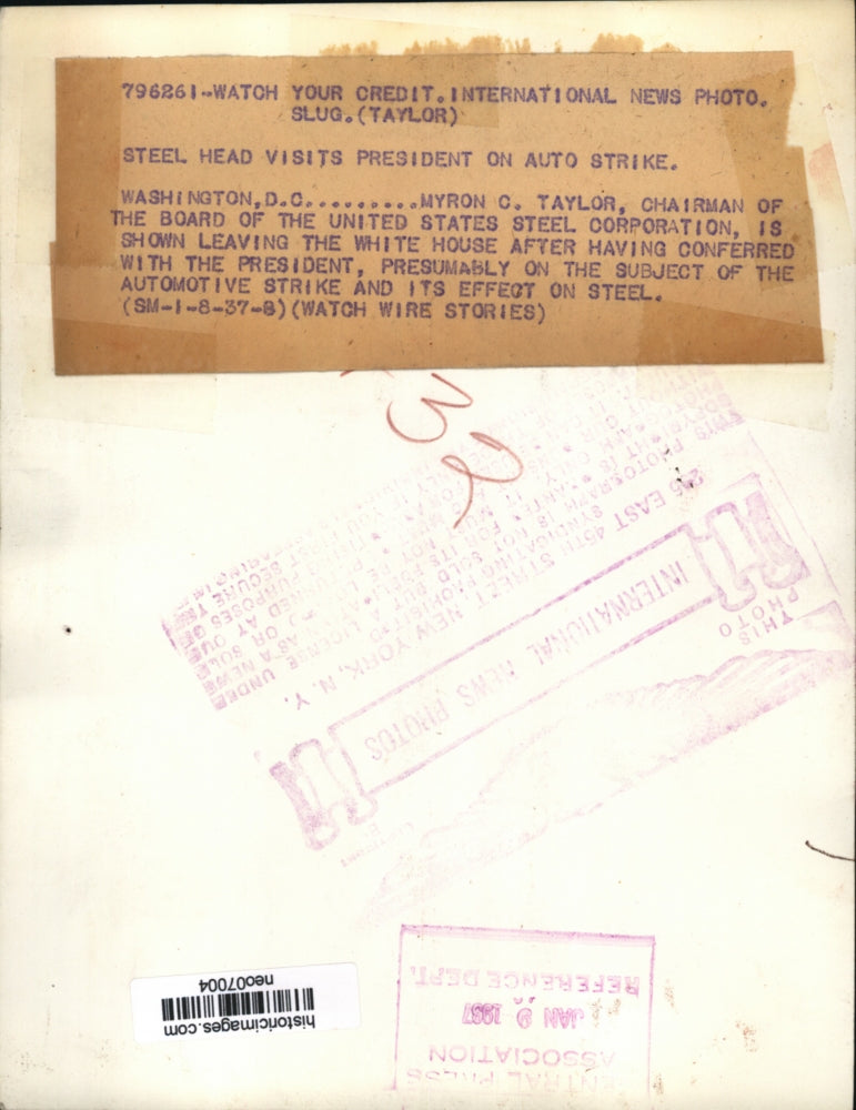 1937 Press Photo Myron C. Taylor Leaving White House Conference on Auto Strike