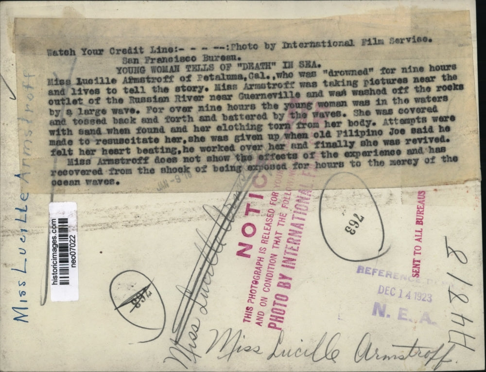 1923 Press Photo Lucille Arnstroff drowned on Russian River survived drowning