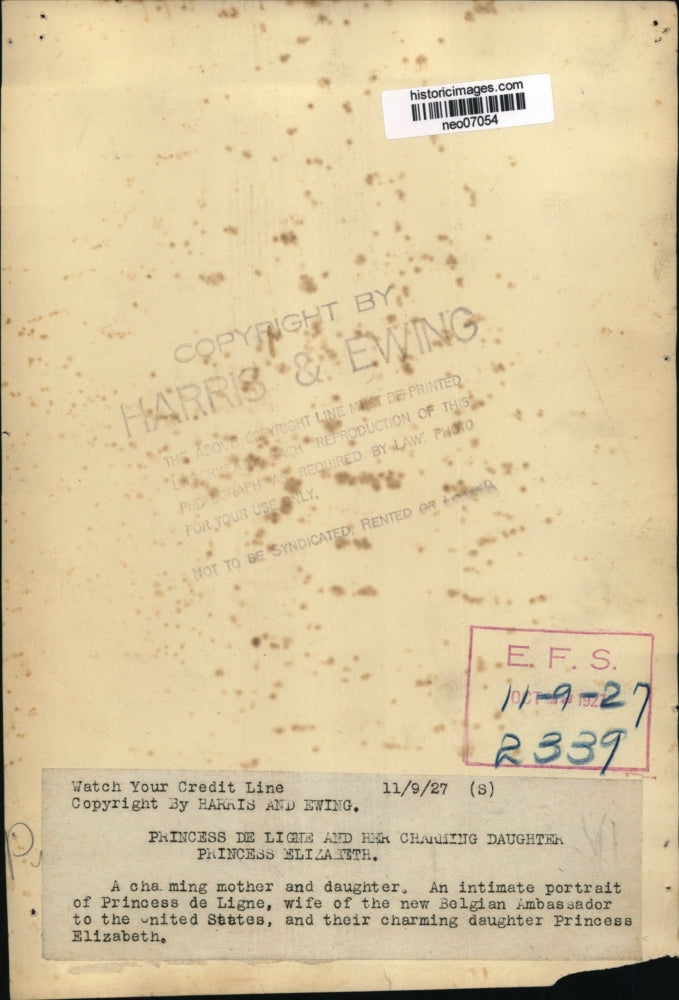 1927 Press Photo Princess de Ligne & Daughter Princess Elizabeth of Belgium