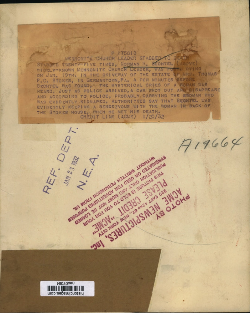 1932 Press Photo Norman R. Bechtel, Mennonite Church Leader & Murder Victim