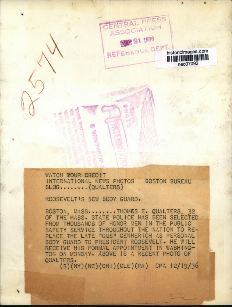 1936 Press Photo Thomas E. Qualters, Bodyguard to President Franklin Roosevelt