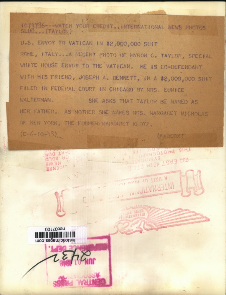 1943 Press Photo Myron C. Taylor, White House Envoy to Vatican city - neo07100