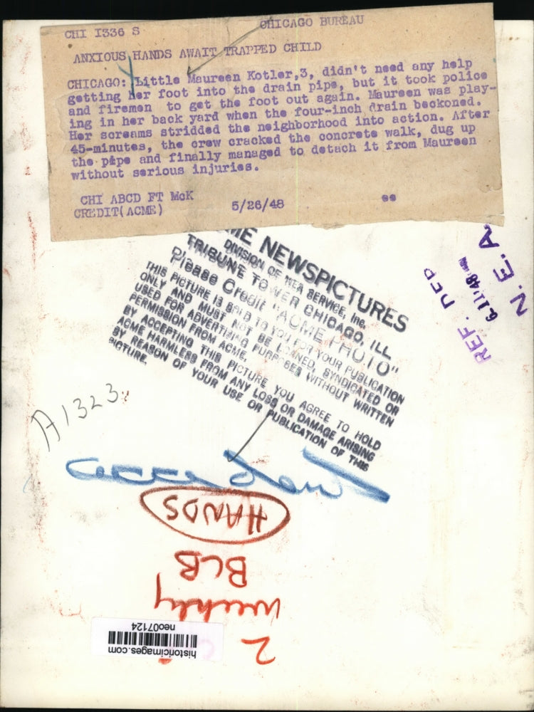 1948 Press Photo Maureen Kotler, 3, rescued from drain pipe in backyard