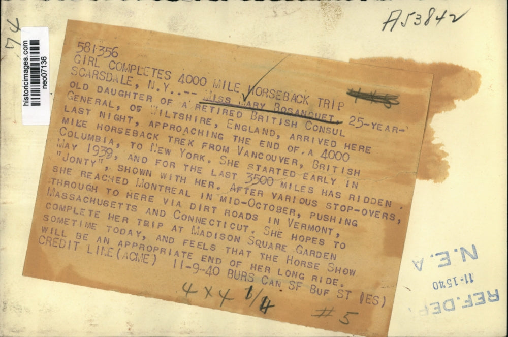 1940 Press Photo Mary Bosanguet completed 4000 mile horseback trip to New York