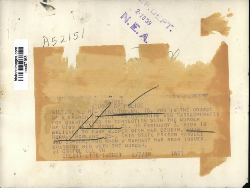 Load image into Gallery viewer, 1939 Press Photo Aida Butler, Wanted in Maude Horne Murder, new Hampshire
