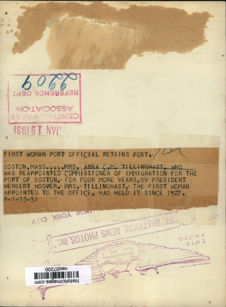 1931 Press Photo Anna C.M. Tillinghast, Boston Commissioner of Immigration