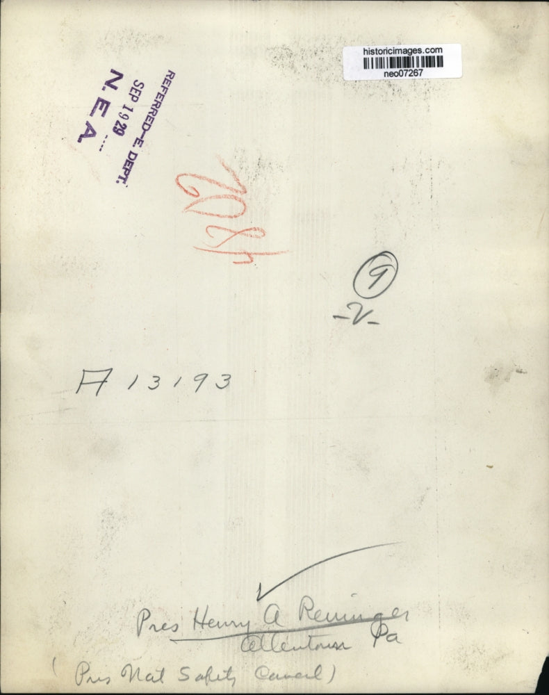 1929 Press Photo President Henry A. Reninger of National Safety Council