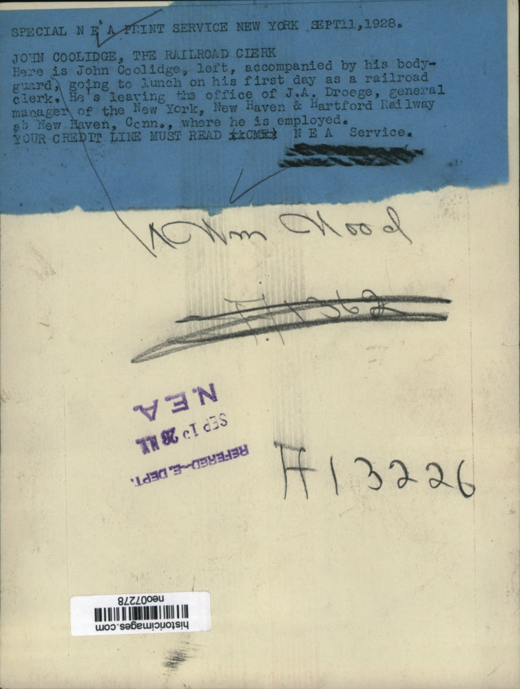 1928 Press Photo John Coolidge Leaving J.A. Droege Railroad Clerk's Office