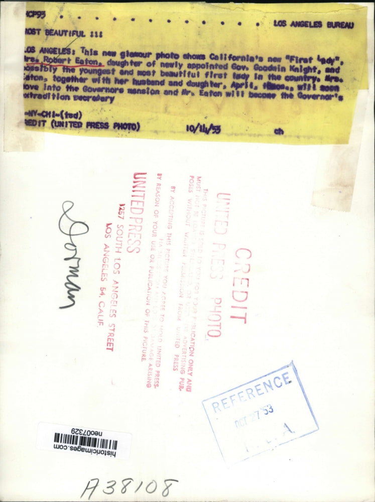 1955 Press Photo Mrs. Robert Eaton daughter of GOv. Goodein Knight - neo07329