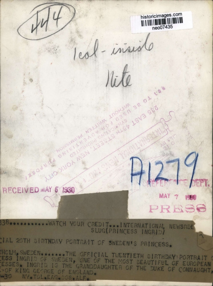 1930 Press Photo Princess Ingrid of Sweden celebrates her 20th Birthday.