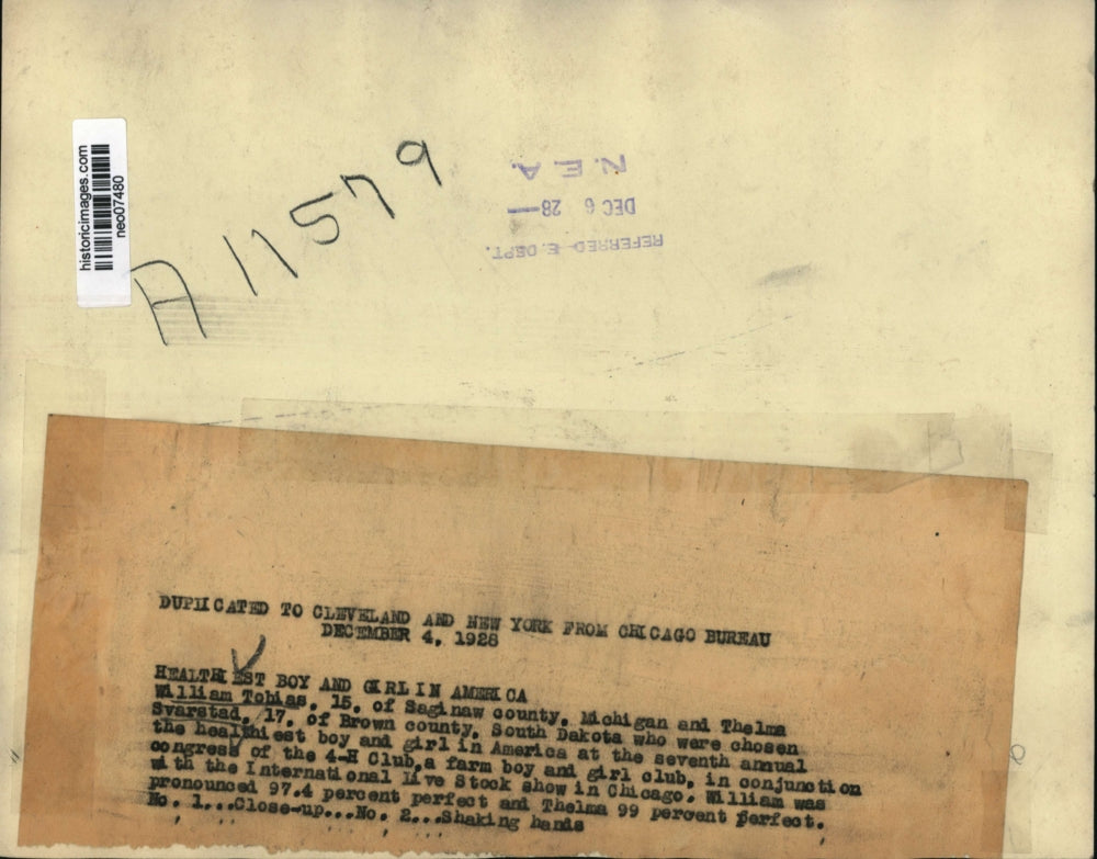 1928 Press Photo William Tobias & Thelma Svarstad, Chosen 4-H Healthiest