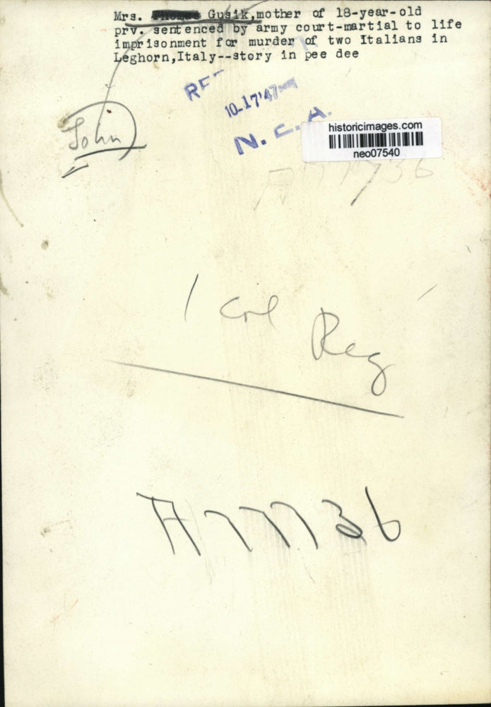 1947 Press Photo Mrs. John Gusik, Convicted Murder in Leghorn, Italy - neo07540