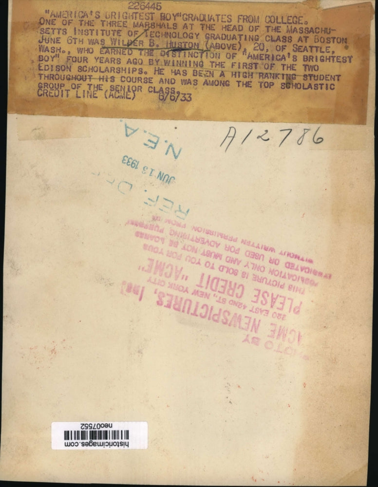 1933 Press Photo Wilder B. Huston, "America's Brightest Boy" Graduating MIT