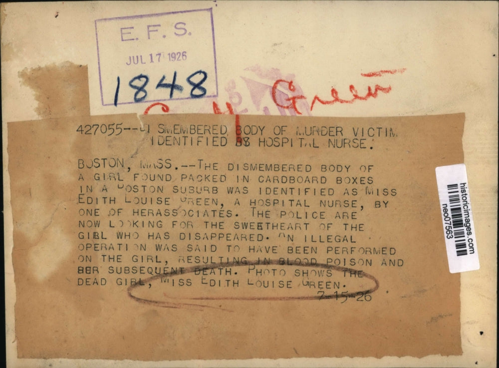 1926 Press Photo Edith Louise Green, Dismembered Murder Victim of Boston