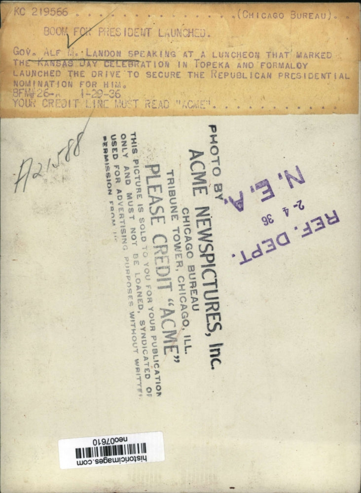 1936 Press Photo Gov. Alf M. Landon speaks at Luncheon for Kansas Day