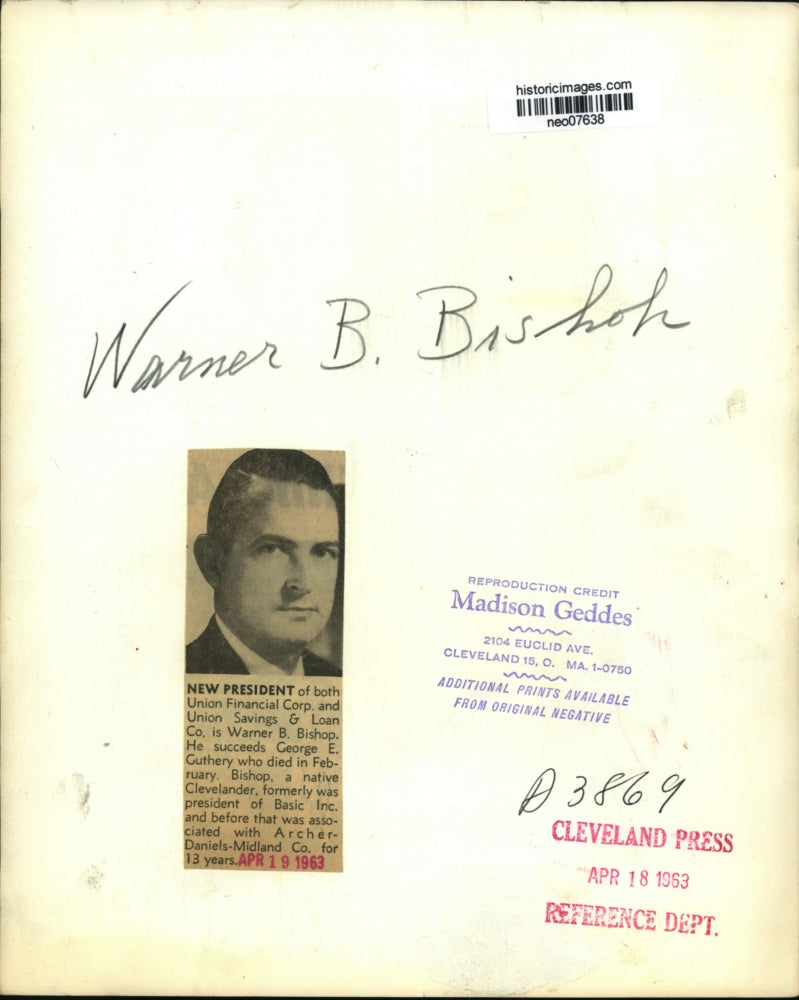 1953 Press Photo Warner B. Bishop President Union Financial Corp. & Union Saving