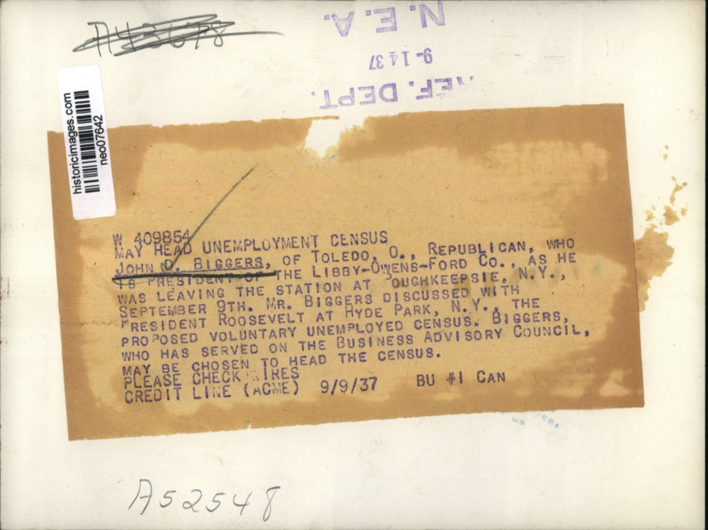 1937 Press Photo John Biggers of Libby-Owens-Ford to head unemployement census