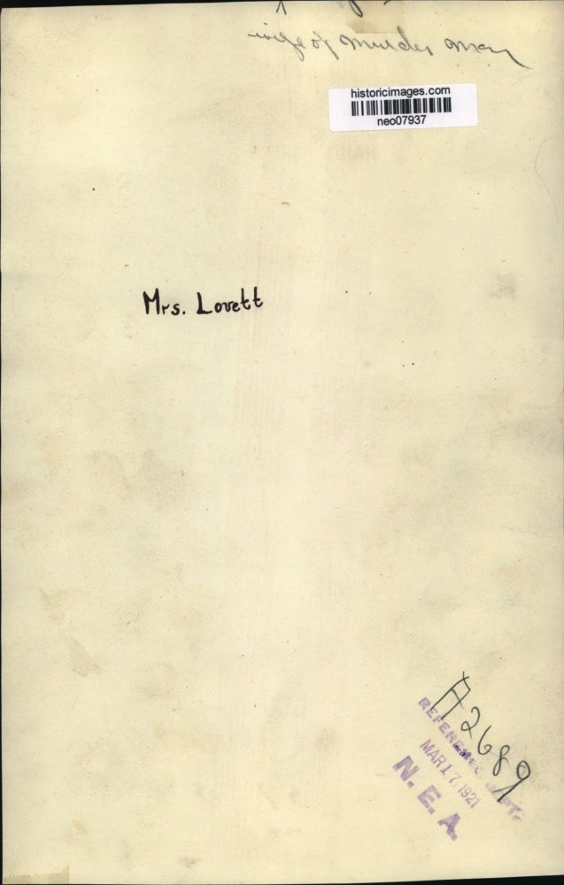 1921 Press Photo Mrs. Lovett, Wife of Murder Victim - neo07937