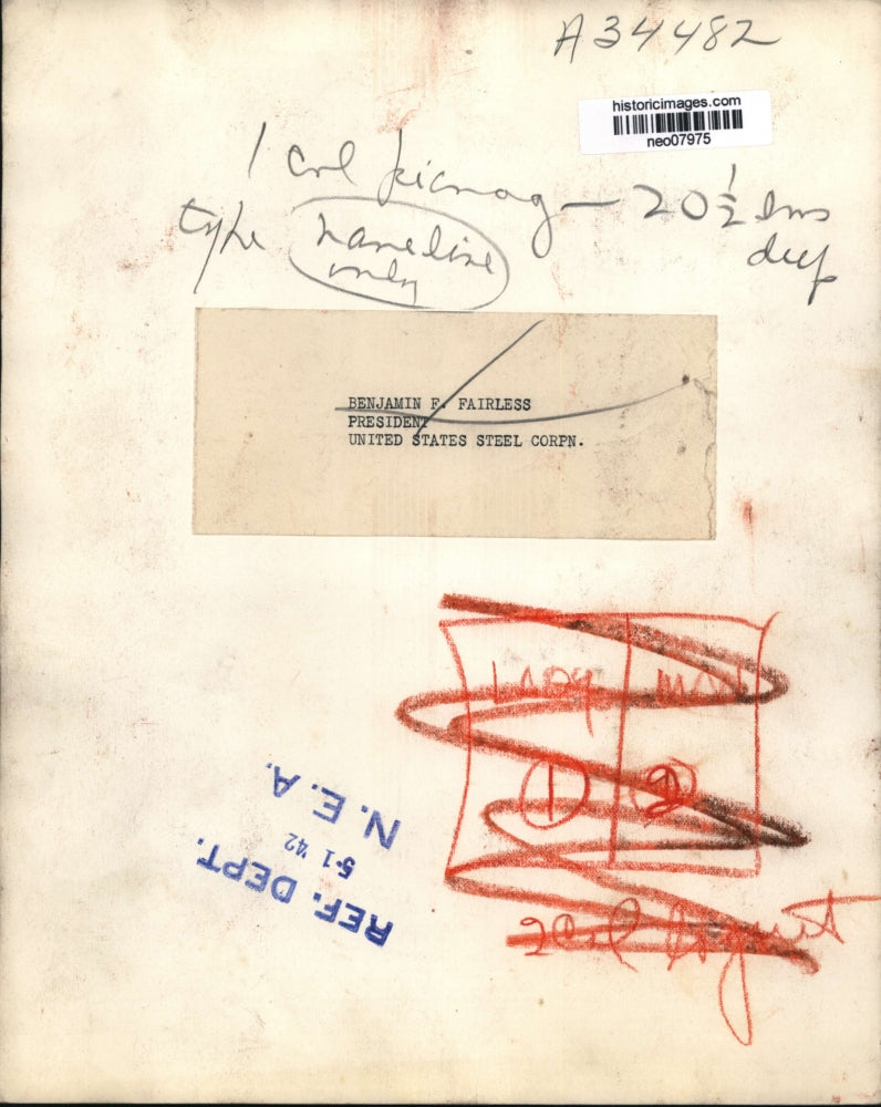 1942 Press Photo Benjamin F. Fairless, President United States Steel Corporation