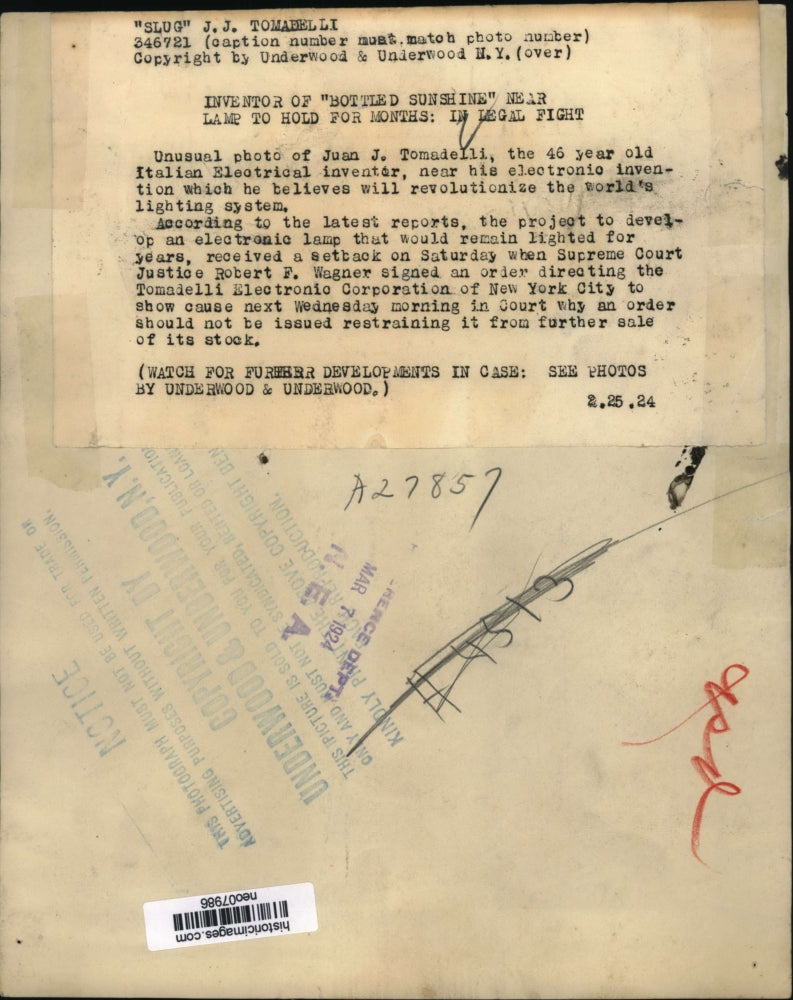 1924 Press Photo Juan J. Tomadelli, Italian Electrical Inventor - neo07986