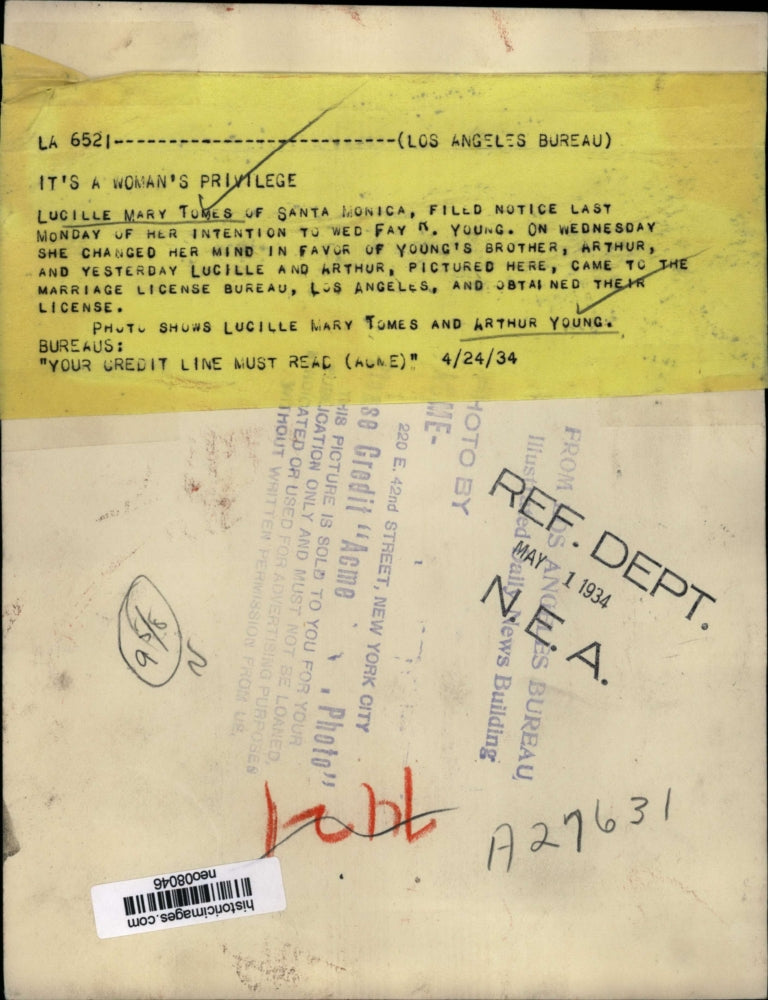 1934 Press Photo Lucille Mary Tumes & Arthur Young to wed - neo08046