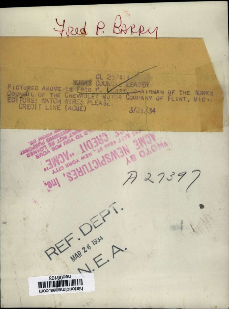 1934 Press Photo Fred Barry, chairman of Works Council of Chevy Motor Company